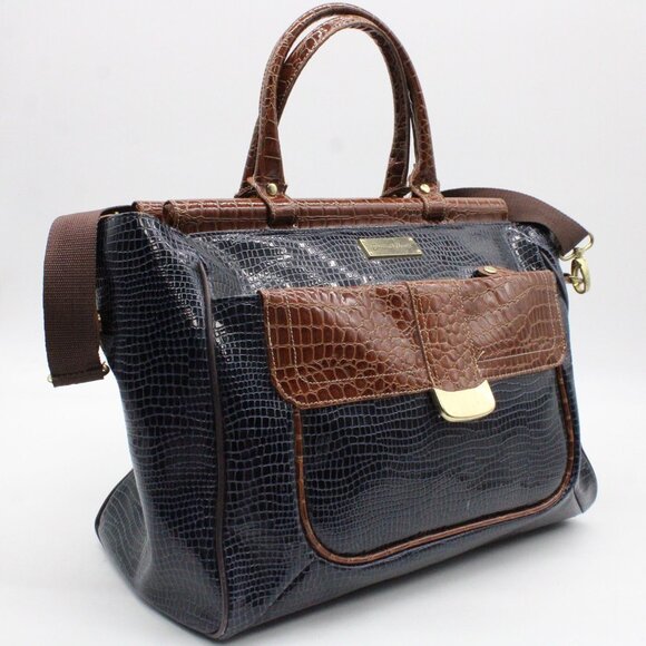 Samantha Brown Dowel Travel Bag Croc Embossed BLUE Brown Weekender Carry On VTG - Picture 2 of 15